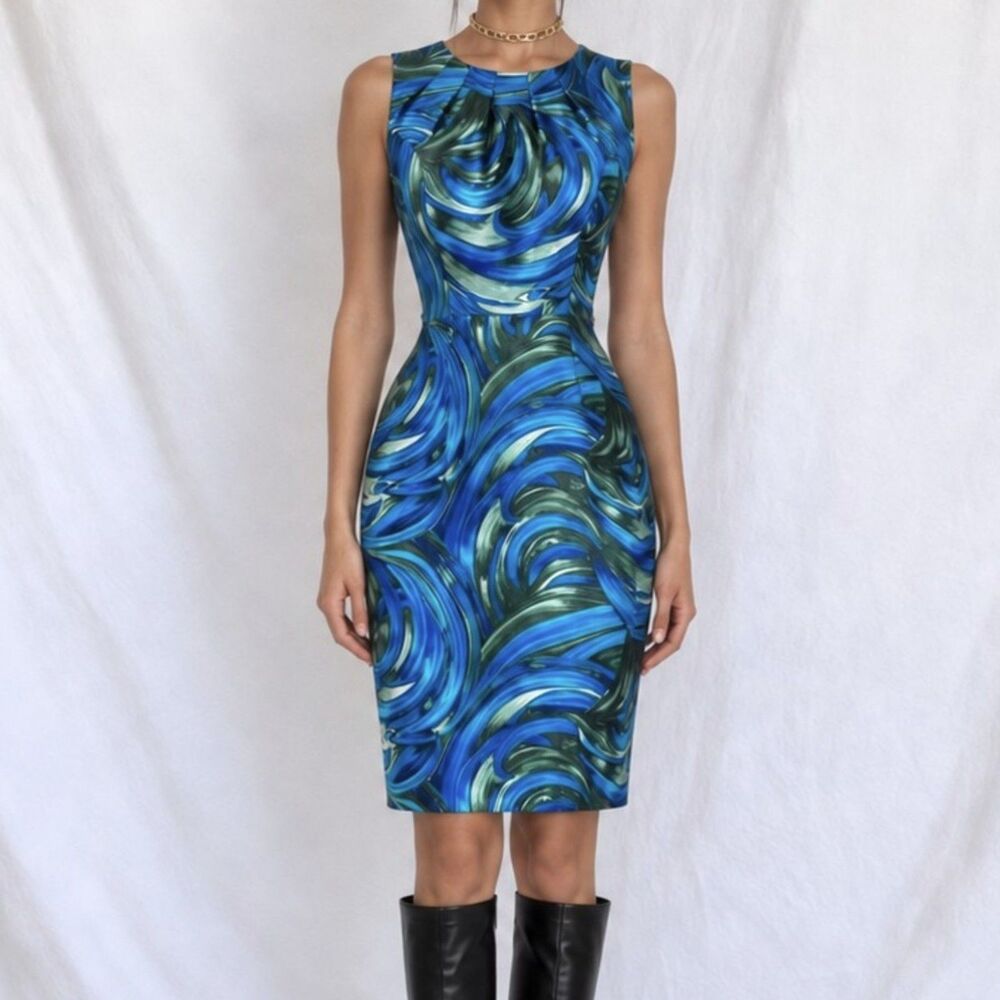 Vintage Y2K Blue Knee Length Printed Sleeveless Sheath Cocktail Dress Size S/M